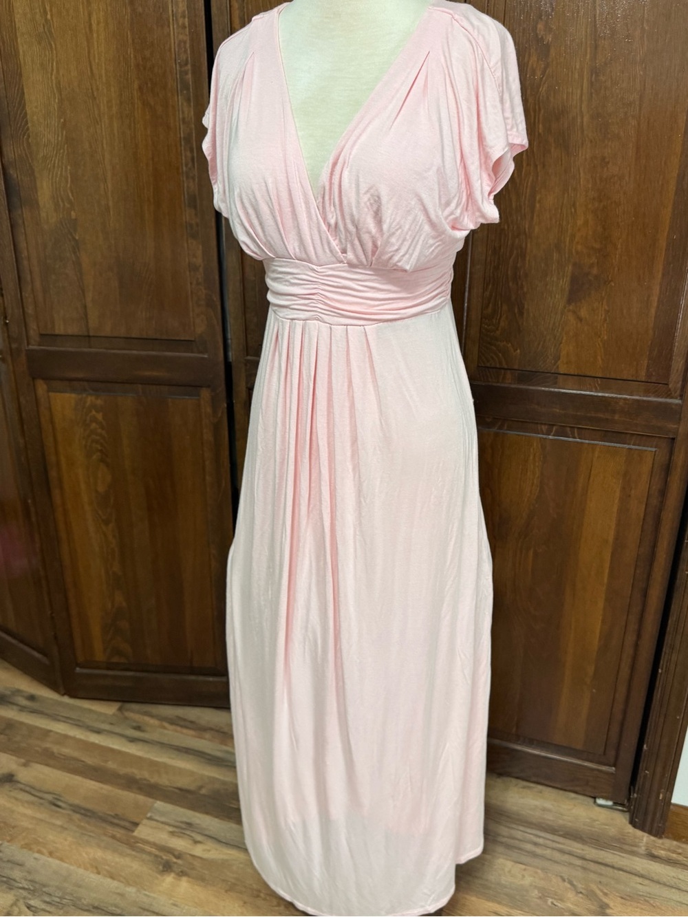 IMAN Romantic Coquette Pastel Pink Ruched V-Neck Dress Medium Short